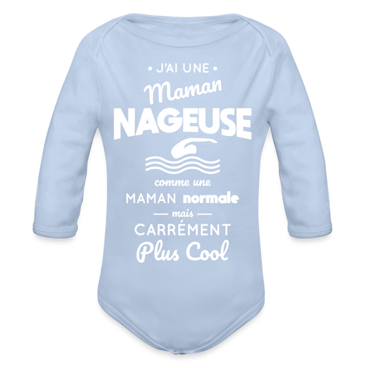 Body Bébé bio manches longues - J'ai une maman nageuse - ciel