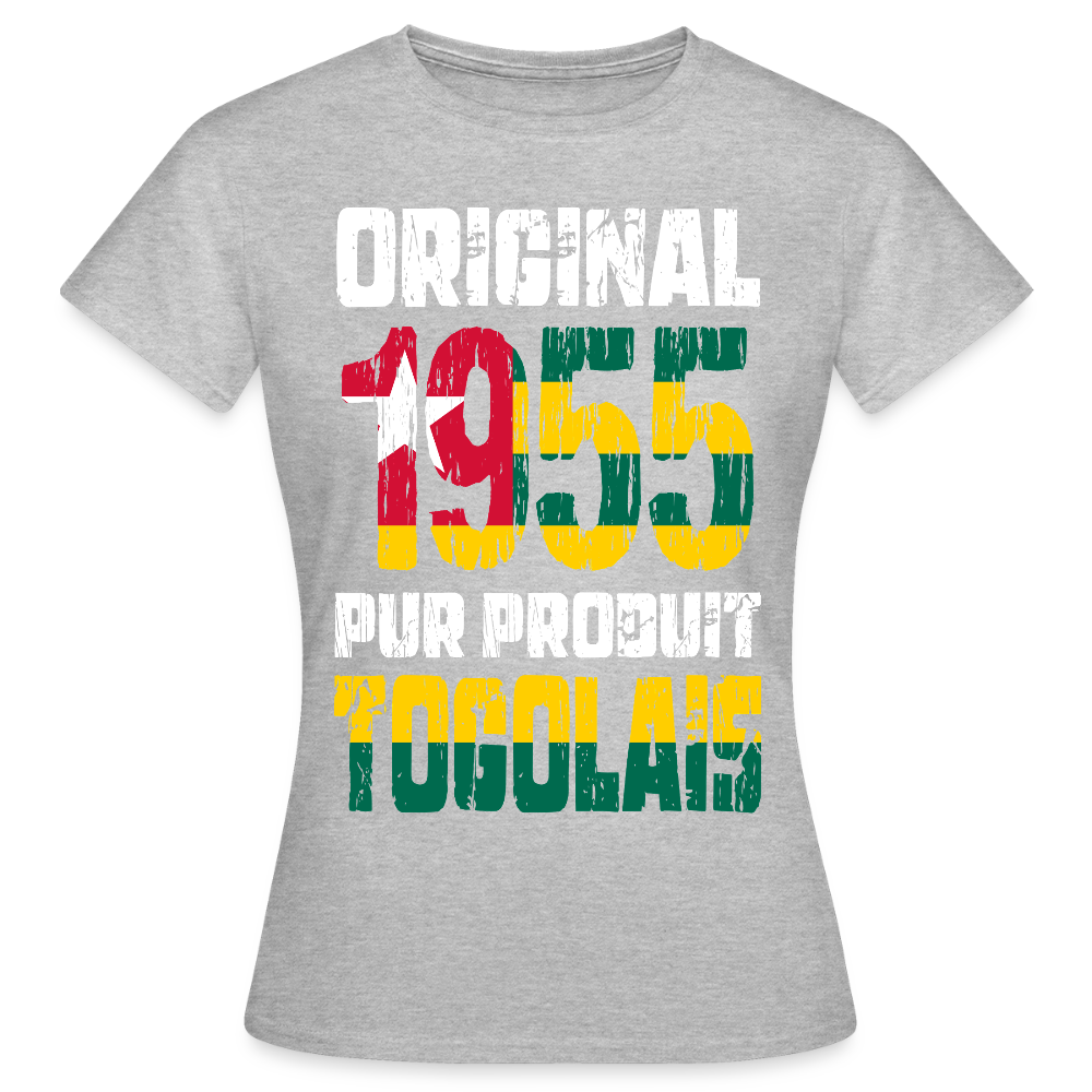 T-shirt Femme - Anniversaire 70 Ans - Original 1955 - Pur produit Togolais - gris chiné