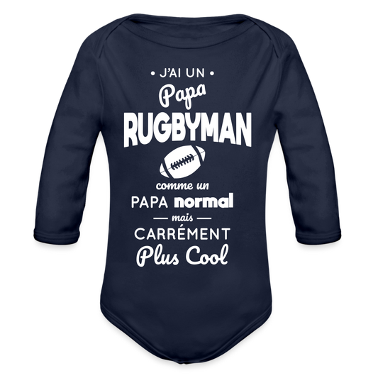 Body Bébé bio manches longues - J'ai un papa rugbyman - marine foncé