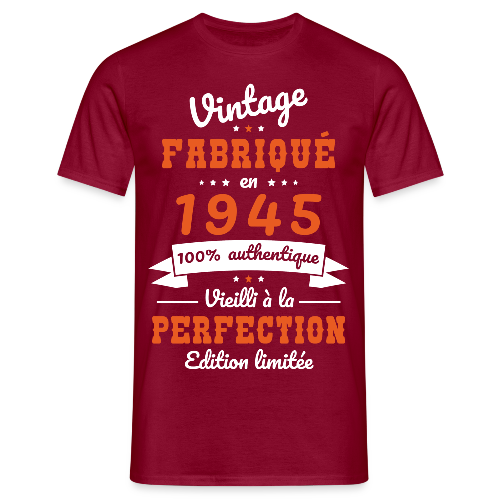 T-shirt Homme - Anniversaire 80 Ans - Vintage fabriqué en 1945 - rouge brique