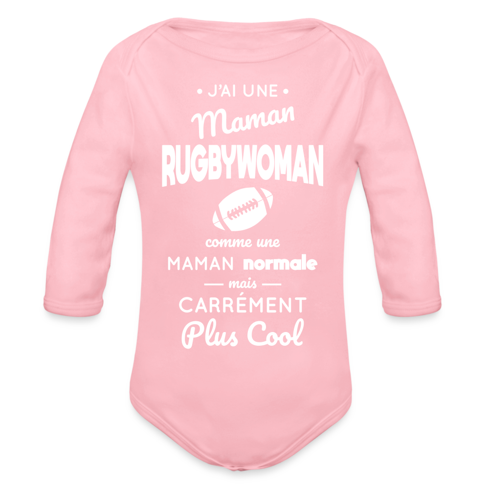 Body Bébé bio manches longues - J'ai une maman rugbywoman - rose clair