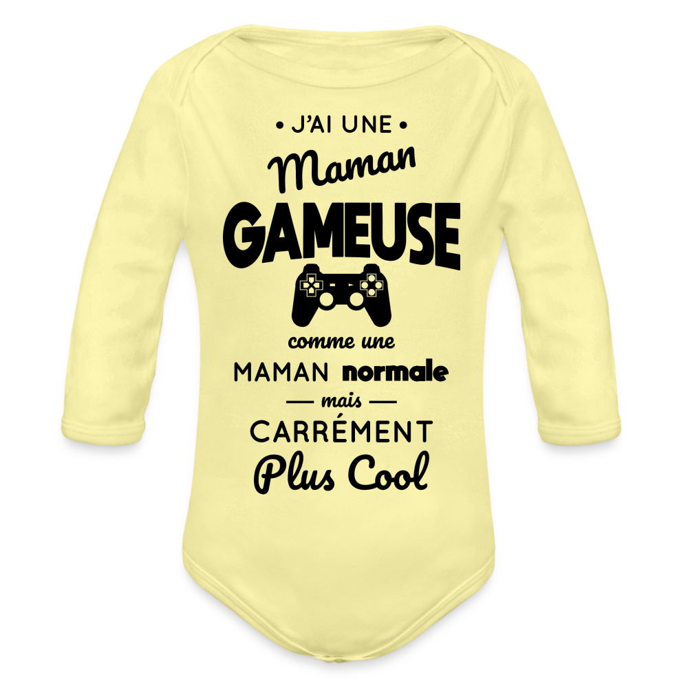 Body Bébé bio manches longues - J'ai une maman gameuse - jaune délavé