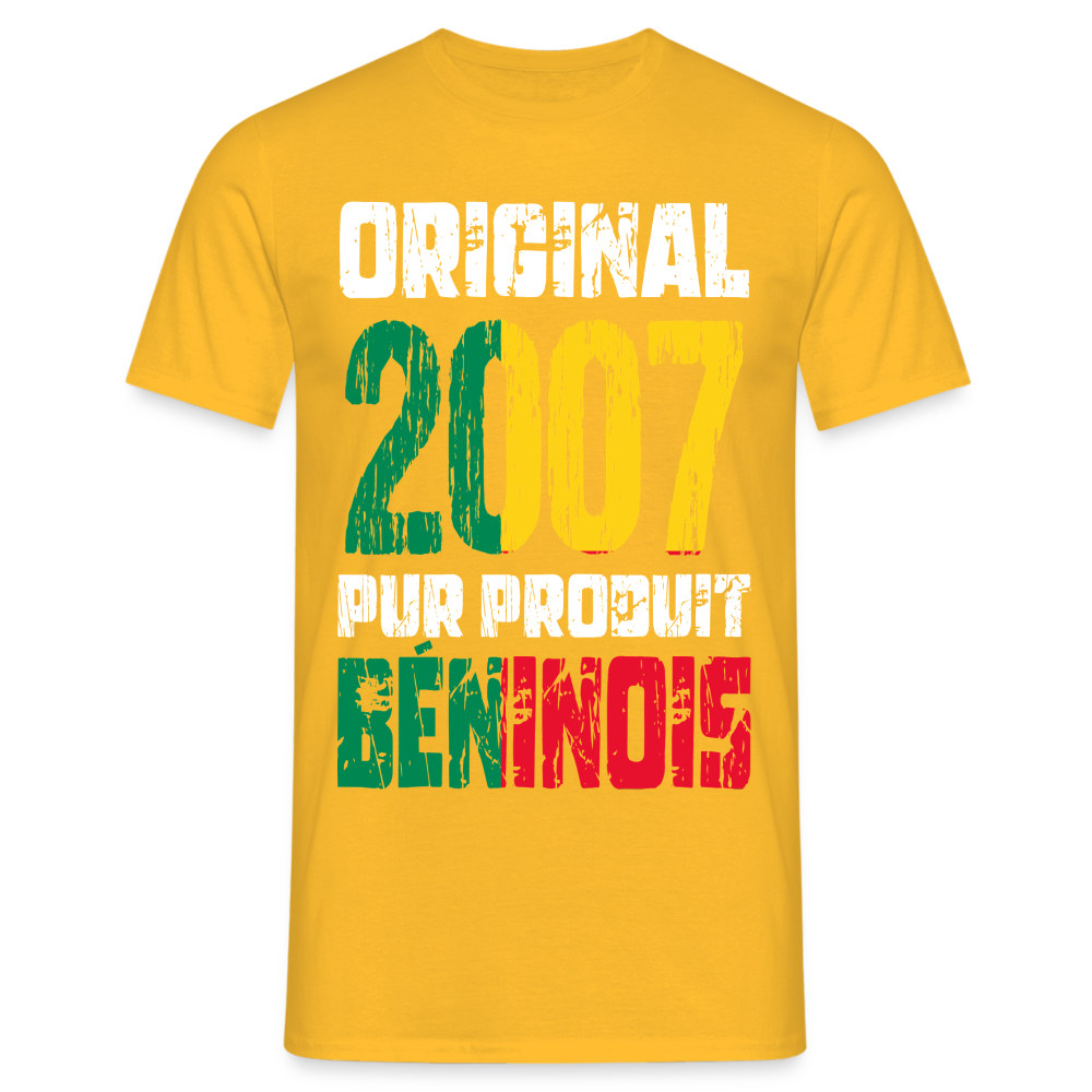 T-shirt Homme - Anniversaire 18 Ans - Original 2007 - Pur produit Béninois - jaune