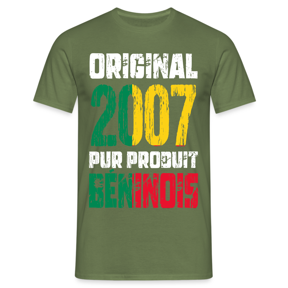 T-shirt Homme - Anniversaire 18 Ans - Original 2007 - Pur produit Béninois - vert militaire