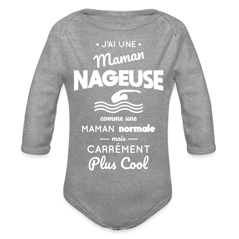 Body Bébé bio manches longues - J'ai une maman nageuse - gris chiné