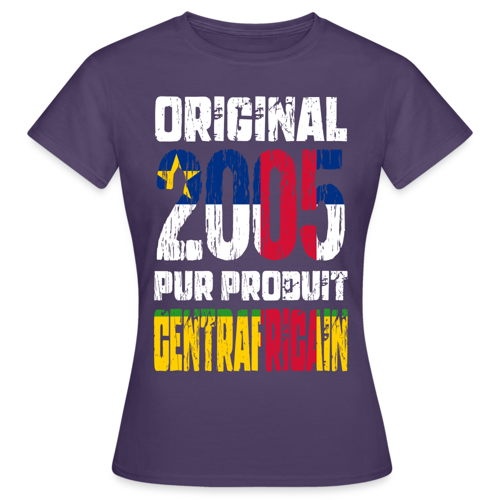 T-shirt Femme - Anniversaire 20 Ans - Original 2005 - Pur produit Centrafricain - violet foncé