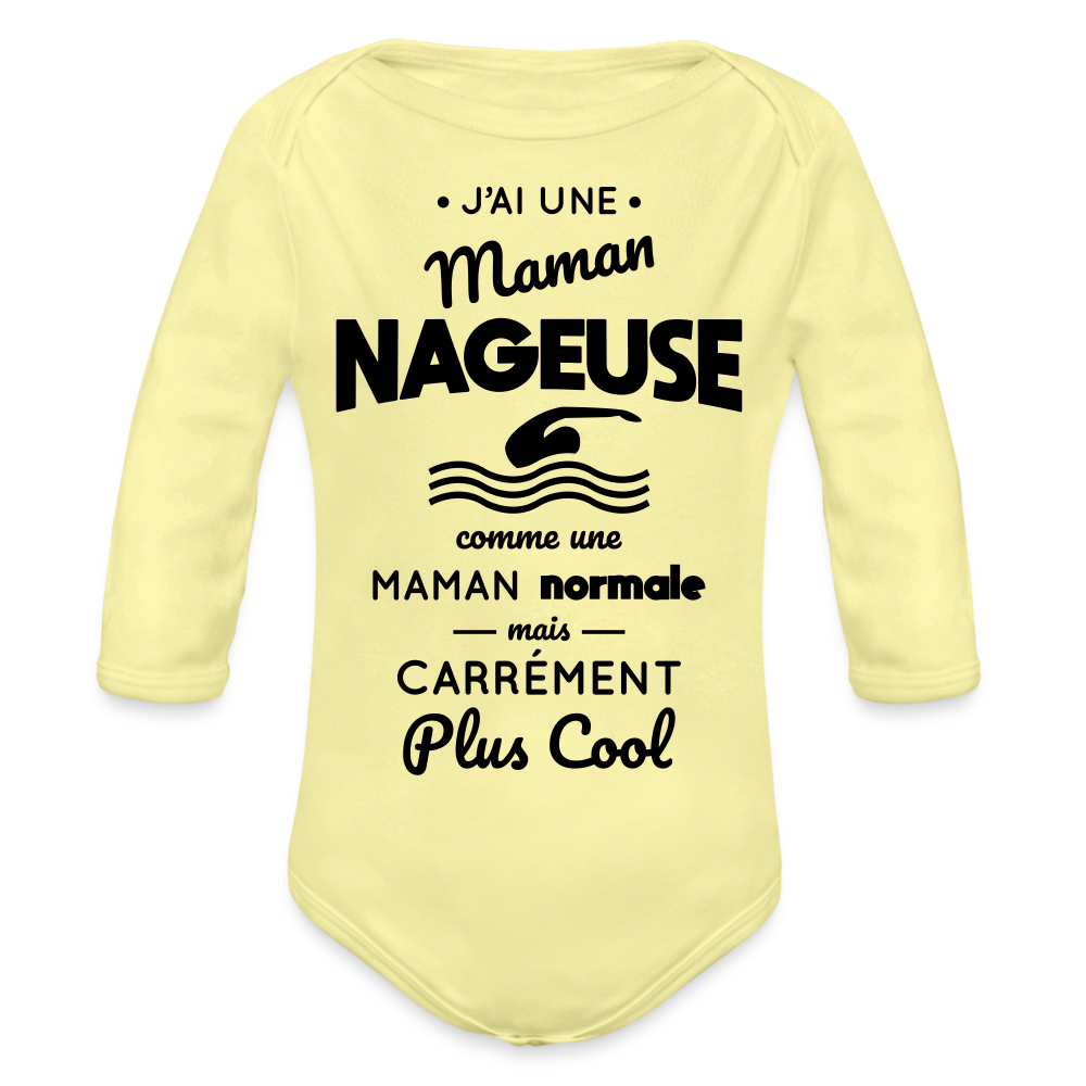 Body Bébé bio manches longues - J'ai une maman nageuse - jaune délavé