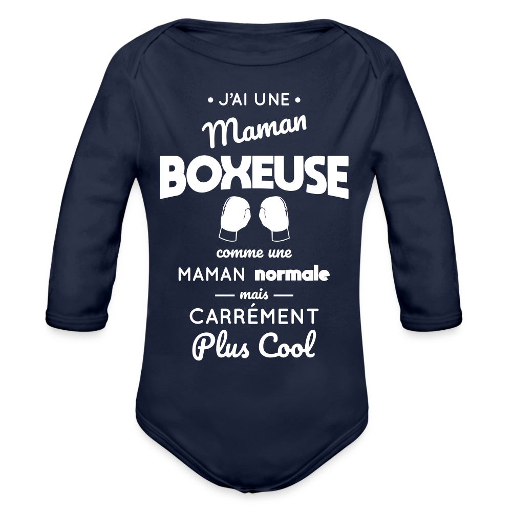 Body Bébé bio manches longues - J'ai une maman boxeuse - marine foncé