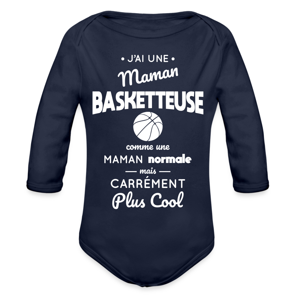 Body Bébé bio manches longues - J'ai une maman basketteuse - marine foncé