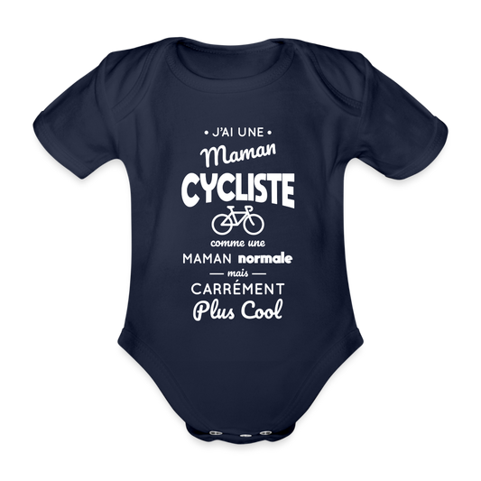 Body Bébé bio manches courtes - J'ai une maman cycliste - marine foncé