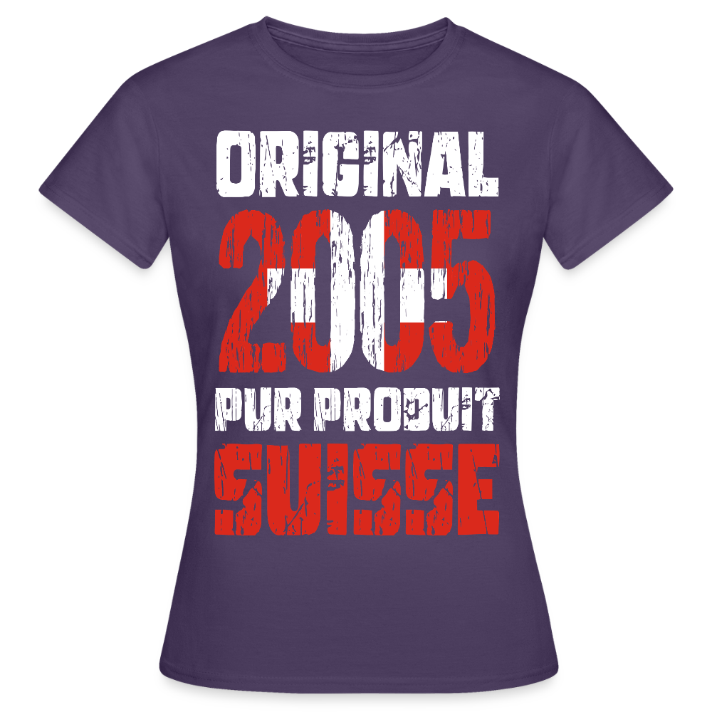 T-shirt Femme - Anniversaire 20 Ans - Original 2005 - Pur produit Suisse - violet foncé