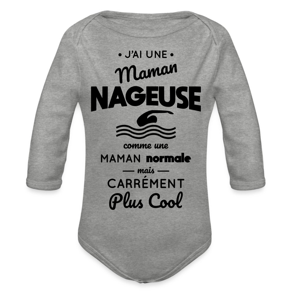 Body Bébé bio manches longues - J'ai une maman nageuse - gris chiné