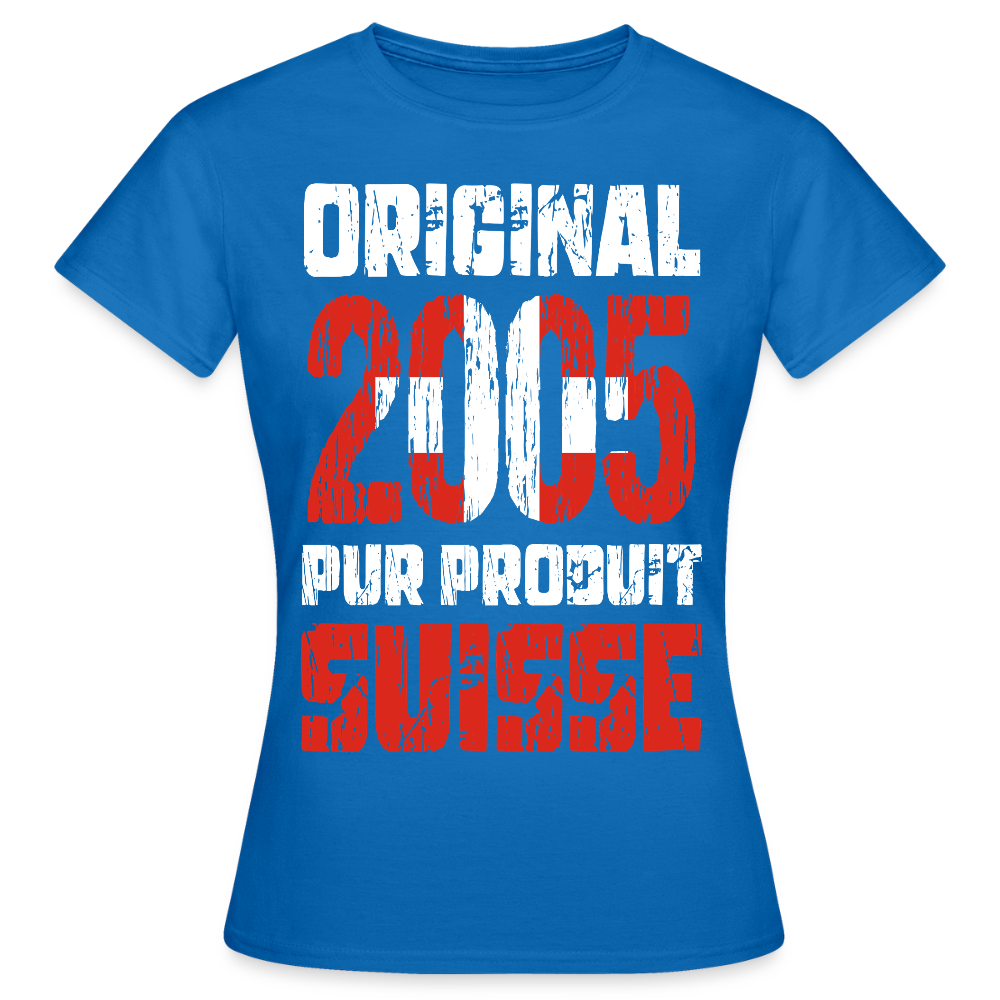 T-shirt Femme - Anniversaire 20 Ans - Original 2005 - Pur produit Suisse - bleu royal