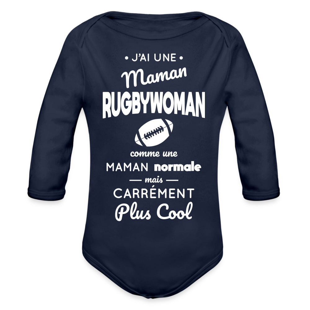 Body Bébé bio manches longues - J'ai une maman rugbywoman - marine foncé