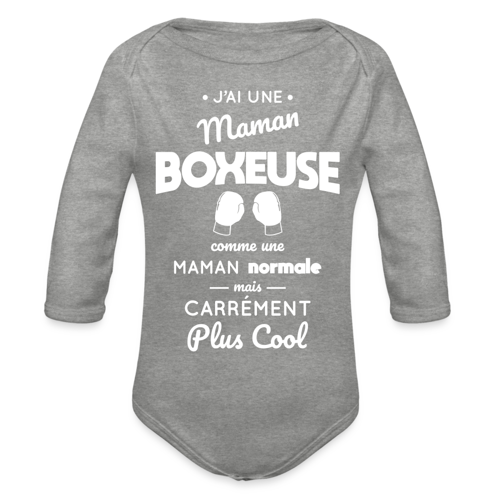 Body Bébé bio manches longues - J'ai une maman boxeuse - gris chiné