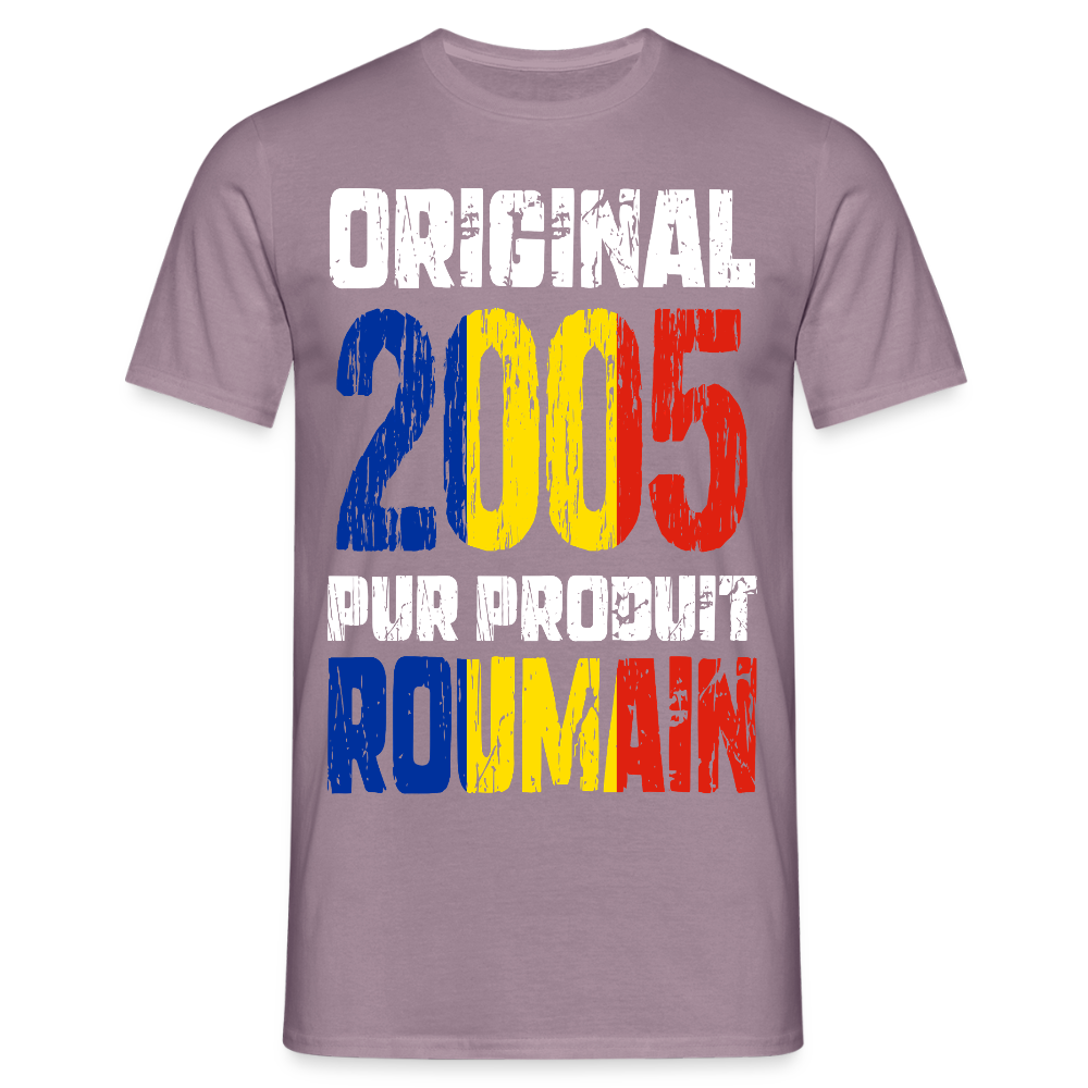 T-shirt Homme - Anniversaire 20 Ans - Original 2005 - Pur produit Roumain - mauve gris 