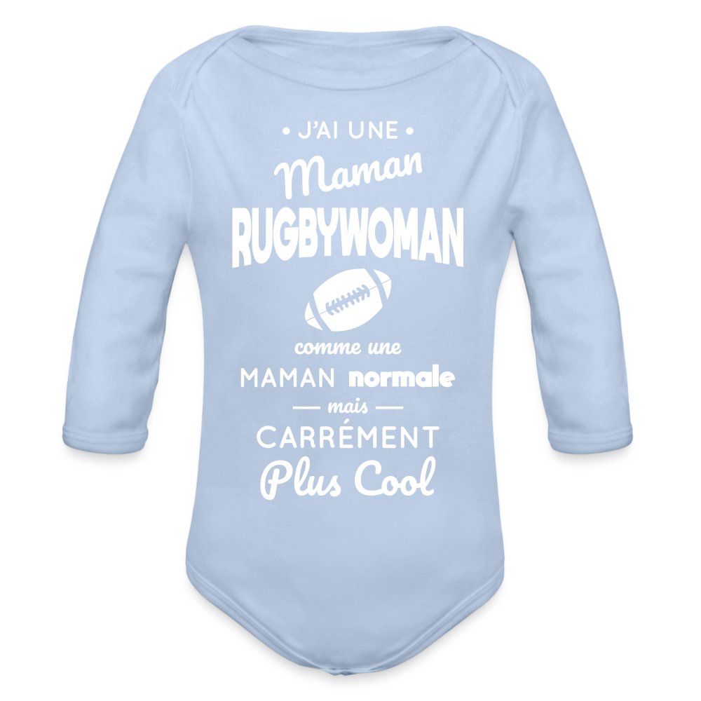 Body Bébé bio manches longues - J'ai une maman rugbywoman - ciel