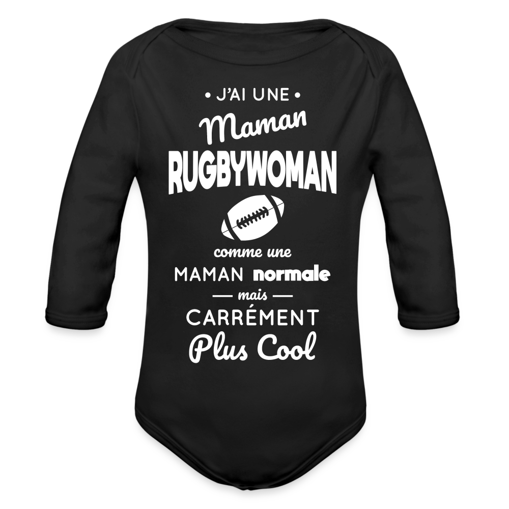 Body Bébé bio manches longues - J'ai une maman rugbywoman - noir