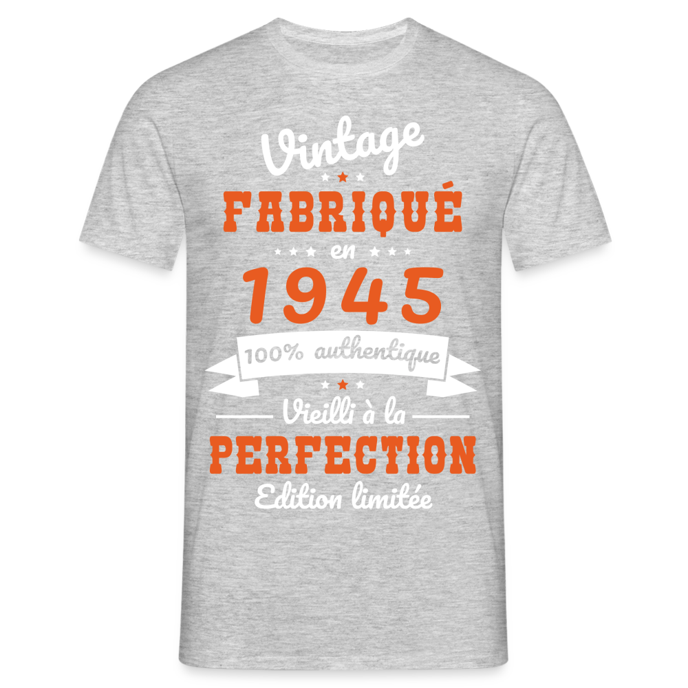 T-shirt Homme - Anniversaire 80 Ans - Vintage fabriqué en 1945 - gris chiné