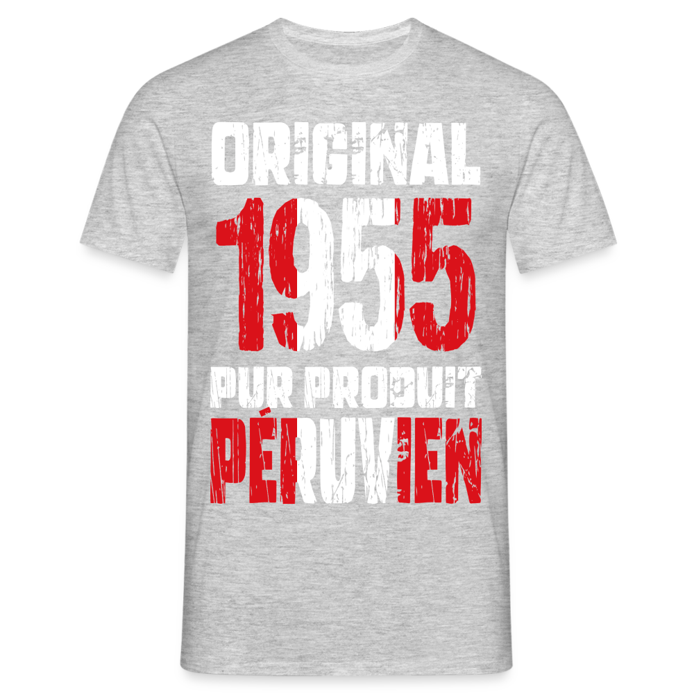 T-shirt Homme - Anniversaire 70 Ans - Original 1955 - Pur produit Péruvien - gris chiné