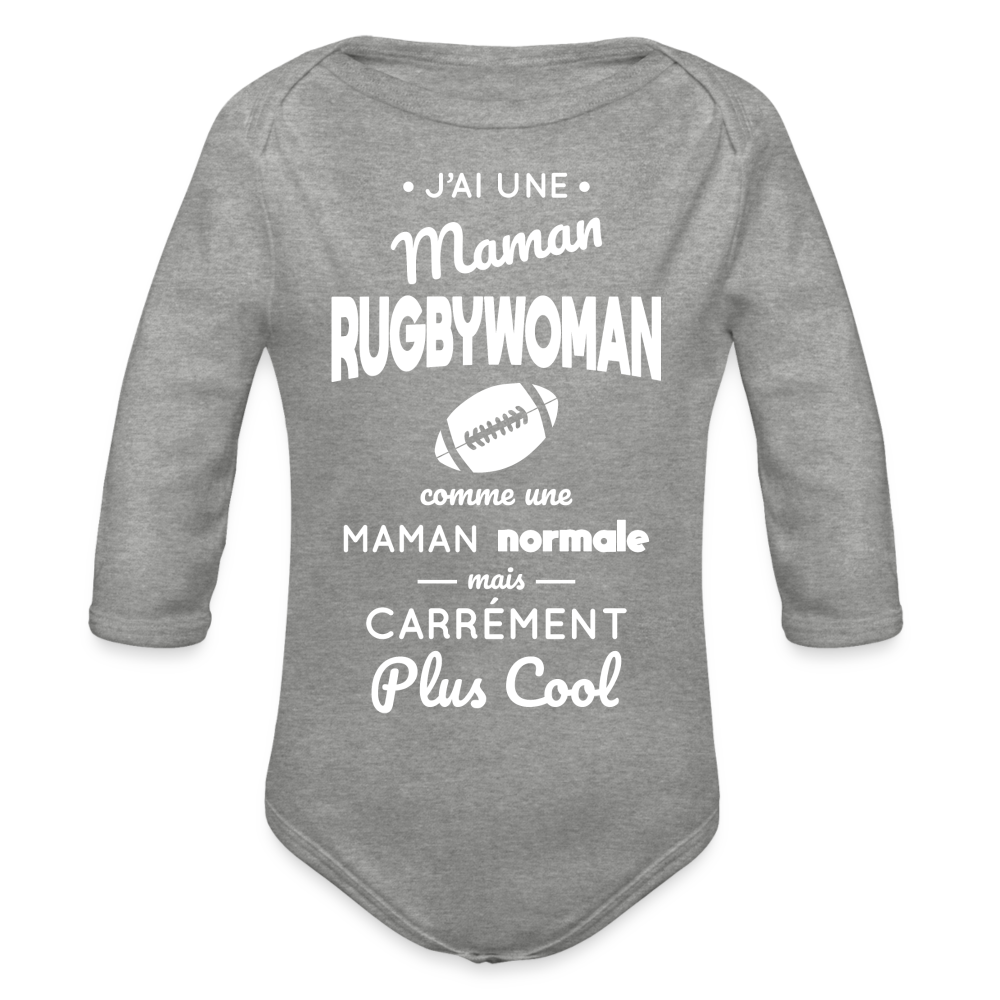 Body Bébé bio manches longues - J'ai une maman rugbywoman - gris chiné