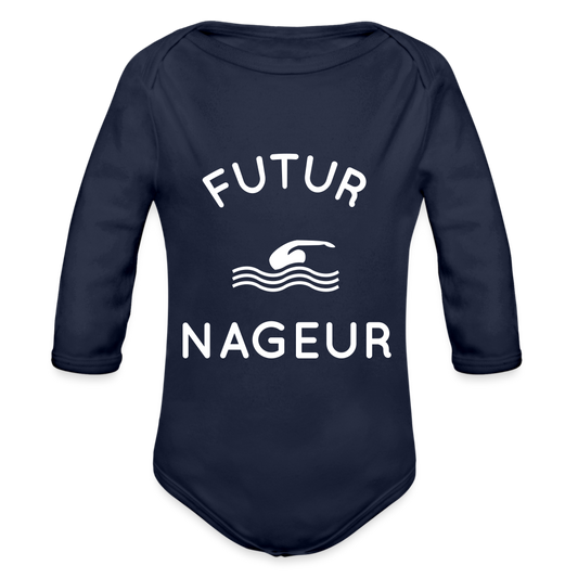 Body Bébé bio manches longues - Futur nageur - marine foncé