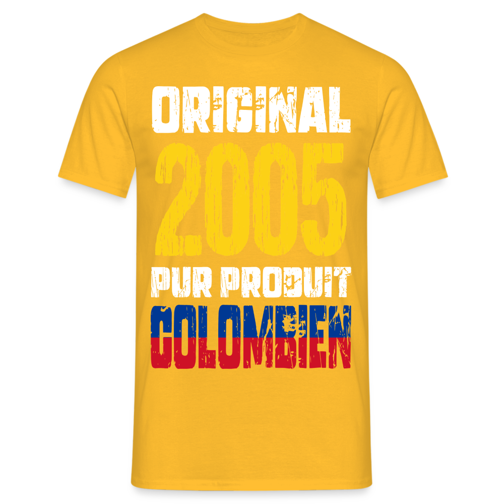 T-shirt Homme - Anniversaire 20 Ans - Original 2005 - Pur produit Colombien - jaune