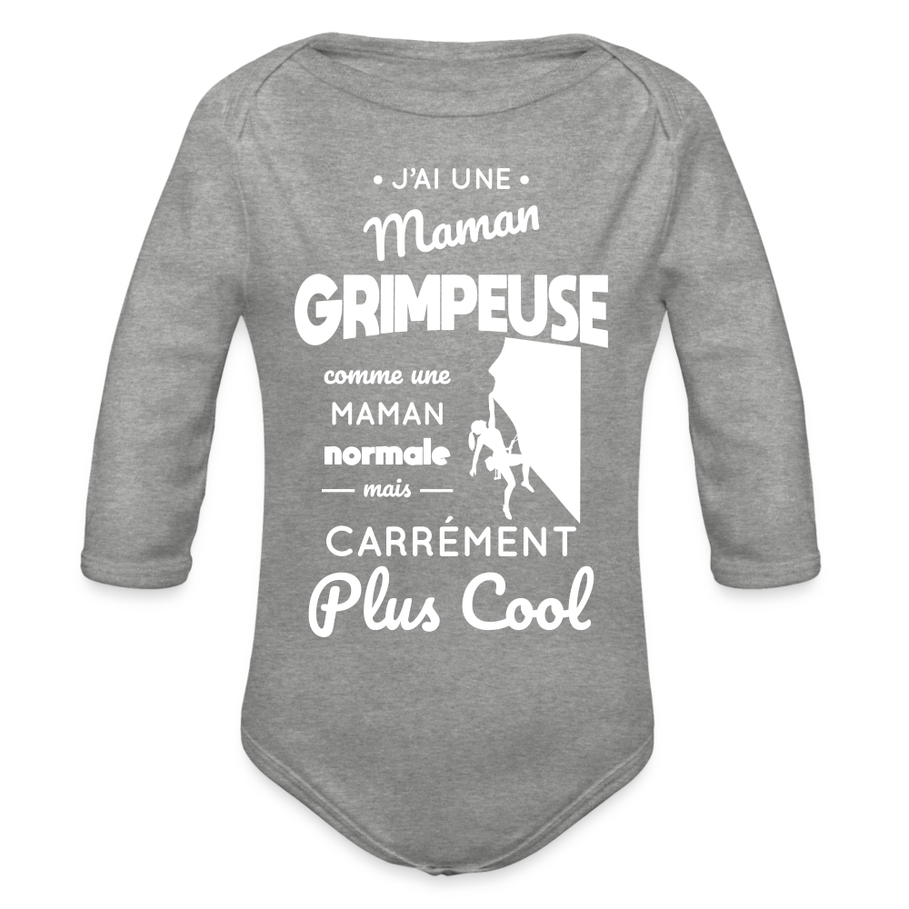 Body Bébé bio manches longues - J'ai une maman grimpeuse - gris chiné