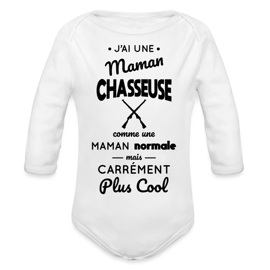 Body Bébé bio manches longues - J'ai une maman chasseuse - blanc