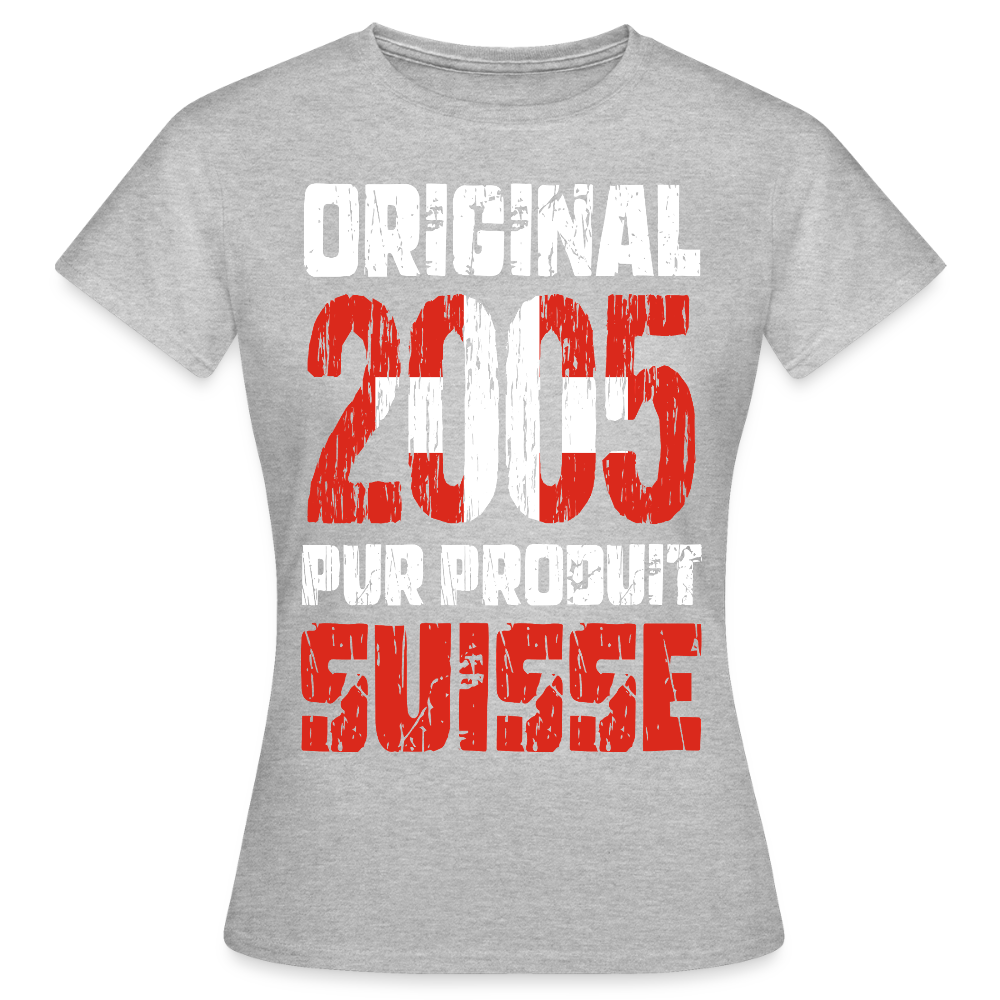 T-shirt Femme - Anniversaire 20 Ans - Original 2005 - Pur produit Suisse - gris chiné