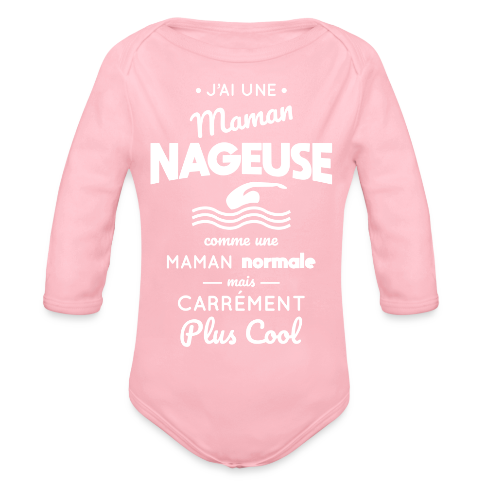 Body Bébé bio manches longues - J'ai une maman nageuse - rose clair