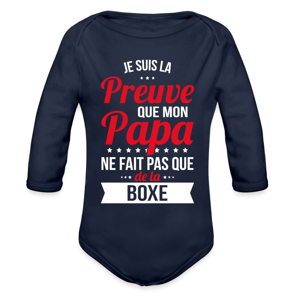 Body Bébé bio manches longues - Mon Papa Ne Fait Pas Que De La Boxe - marine foncé