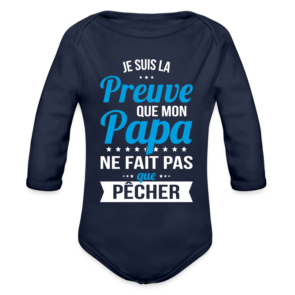 Body Bébé bio manches longues - Mon Papa Ne Fait Pas Que Pêcher - marine foncé