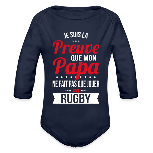 Body Bébé bio manches longues - Mon Papa Ne Fait Pas Que Jouer Au Rugby - marine foncé